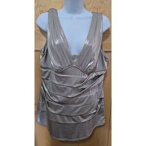 Metallic Silver Sleeveless Pleated Womens Top XL Bisou Bisou Polyester/Spandex